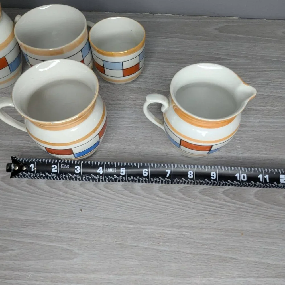 Vintage Czechoslovakia Geometric Ceramic Lusterware Cups & Small Pitcher 5 Piece